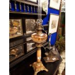 Brass and marble oil lamp with clear cut glass bowl in the Art Nouveau style. ( 70 cm h).