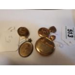 Two 9ct gold lockets, a 9ct gold powder puff box and a yellow metal heart shaped pendant - three