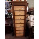 Late 19th. C. mahogany eight drawer haberdashery cupboard { 153cm H X 51cm X 34cm D }.