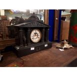 !9th. C. slate and brass mantle clock. (43 cm w x 42 cm h x 16 cm d)
