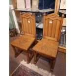 Pair of 19th. C. oak hall chairs. (96 cm h x 45 cm w x 44 cm d).