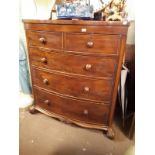 Victorian mahogany bow fronted chest of drawers on scrolled legs with two short drawers over three
