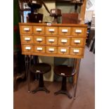 1960's Fifteen drawer beech index card filing cabinet on chrome legs. (112 cm h x 84 cm l x 43 cm