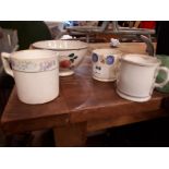 Early 20th. C. collection of two spongeware mugs, one plain mug and a bowl.