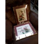 Pair of Oriental embroidered silk pictures { 39cm H x 30cm W}.