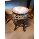 Early 20th C. Oriental hardwood jardinière with inset rough marble top. (48 cm h)