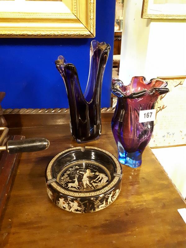 Two pieces of Murano glass and a Greek ashtray by V Stakias.