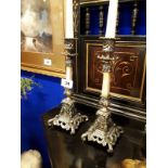 Pair of decorative metal and marble candlesticks. (30 cm ).