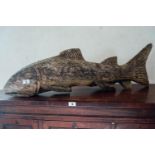 Early 20th. C. hand carved model of a wooden fish. { 35cm H X 125cm W X 20cm D }. 200