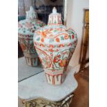 Unusual near pair of Oriental lidded vases. { 54cm H }.