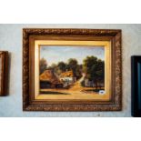 19th. C. oil on canvas Cottages mounted in decorative oak leaf frame - Helter . { 74cm H X 87cm W }.