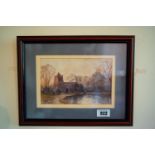 Early 20th. C. watercolour The Church mounted in a mahogany frame. { 32cm H X 40cm W }.