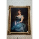 19th. C. oil on canvas - Portrait Of A Young Lady mounted in a gilt frame. { 184cm H X 103cm W }.