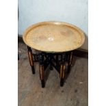 Indian etched brass table raised on mahogany stand with mother of pearl inlay. { 56cm H X 58cm