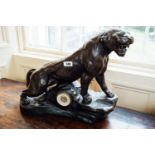 Exceptional quality cast spelter mantle clock in the form of a lioness. { 52cm H X 59cm W X 29 cm