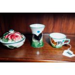 Three pieces of Wemyss Ware - Cabbage rose soap dish, Cockerel vase and Bonjour cup.