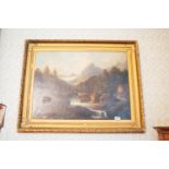 19th. C. oil on Canvas Mountain Scene monogrammed E S, mounted in a gilt frame. { 99cm H X 125cm