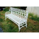 Cast iron garden bench in the Gothic style with honey comb design seat. { 79cm H X 140cm W X 50 cm D