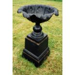 Pair of garden urns decorated with acanthus leaf on two part pedestals. {113 cm H X 65cm D }.