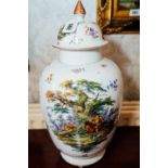 19th. C. ceramic vase with hand painted Hunting Scenes and with lid. { 52cm H }.
