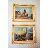 Pair of 19th. C. oil on canvas Cityscapes mounted in gilt frames decorated with roses. { 71cm H X