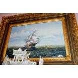 Oil on canvas - Nautical Scene mounted in a decorative giltwood frame. { 97cm H X 126cm W }.