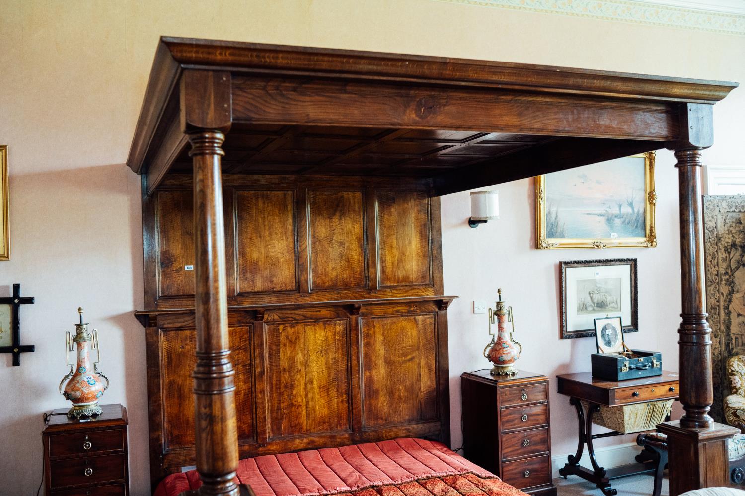 Exceptional quality oak four poster bed in the Tudor style. { 216cm H X 224 cm L X 194 cm W }.