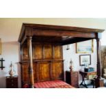 Exceptional quality oak four poster bed in the Tudor style. { 216cm H X 224 cm L X 194 cm W }.