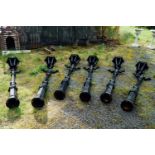 Set of six cast iron avenue lights including glass. { 239cm H }.