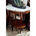 1920's French rosewood wine table the marble top raised on tapering legs and shelf, decorated with