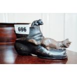 Bronze boot surmounted with a cat and mouse. { 10cm H }.