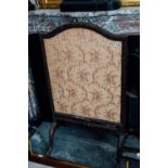 Edwardian mahogany fire screen with inset tapestry panel. { 114 cm H X 69cm W X cm D }.