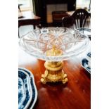 Decorative table centre piece the cut glass bowl raised on gilded metal column. { 25cm H X 33 cm