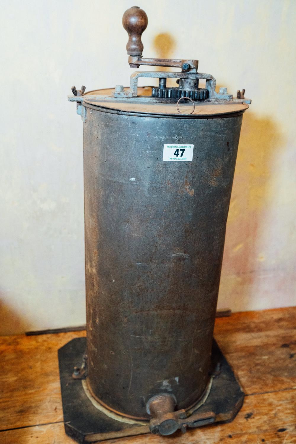 Early 20th. C. Tangential metal honey extractor. { 81cm H X 39cm W X 34cm D }.