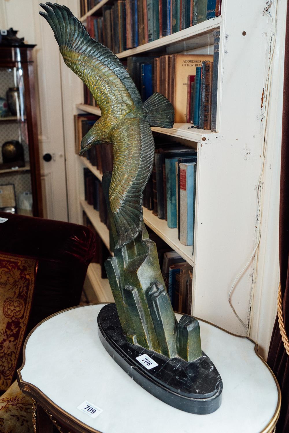 Art Deco model of a swooping eagle perched on a craggy rock mounted on a marble base - Rulas. { 78cm - Image 2 of 2