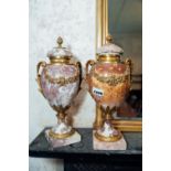 Pair of French marble and gilded metal lidded urns. { 41cm H }.