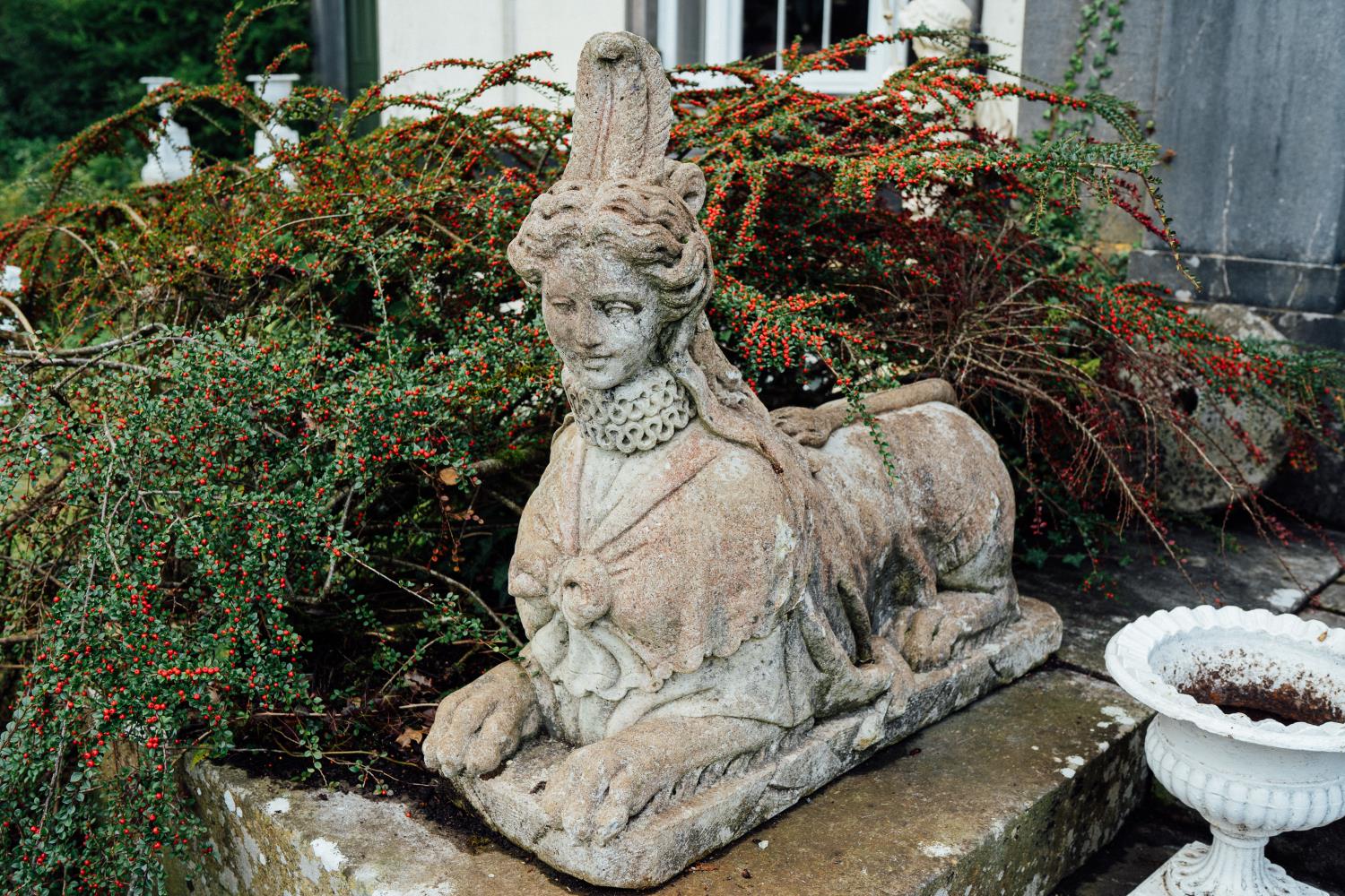 Pair of exceptional quality cast stone seated Sphinx in the Georgian manner. { 95cm H X 38cm W X