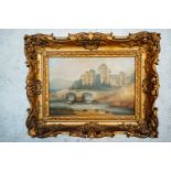 19th. C. oil on bronze Castle and River Scene mounted in a gilt frame. { 31cm H X 38cm W }.