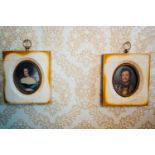 Pair of miniature in gilt frames. { 14cm H X 12cm W }.