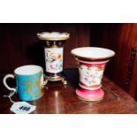 18th. C. Vincennes Royal Porcelian Factory mug, and two 19th. C. ceramic vases decorated with