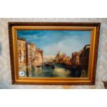 19th. C. oil on canvas - Venice Scene mounted in a gilt frame. { 51cm H X 70cm W }.