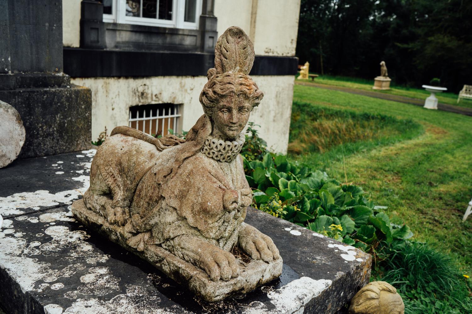 Pair of exceptional quality cast stone seated Sphinx in the Georgian manner. { 95cm H X 38cm W X - Image 2 of 3
