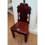 Pair of decorative late 19th. C. mahogany hall chairs with shield backs, raised on bobbin legs. {