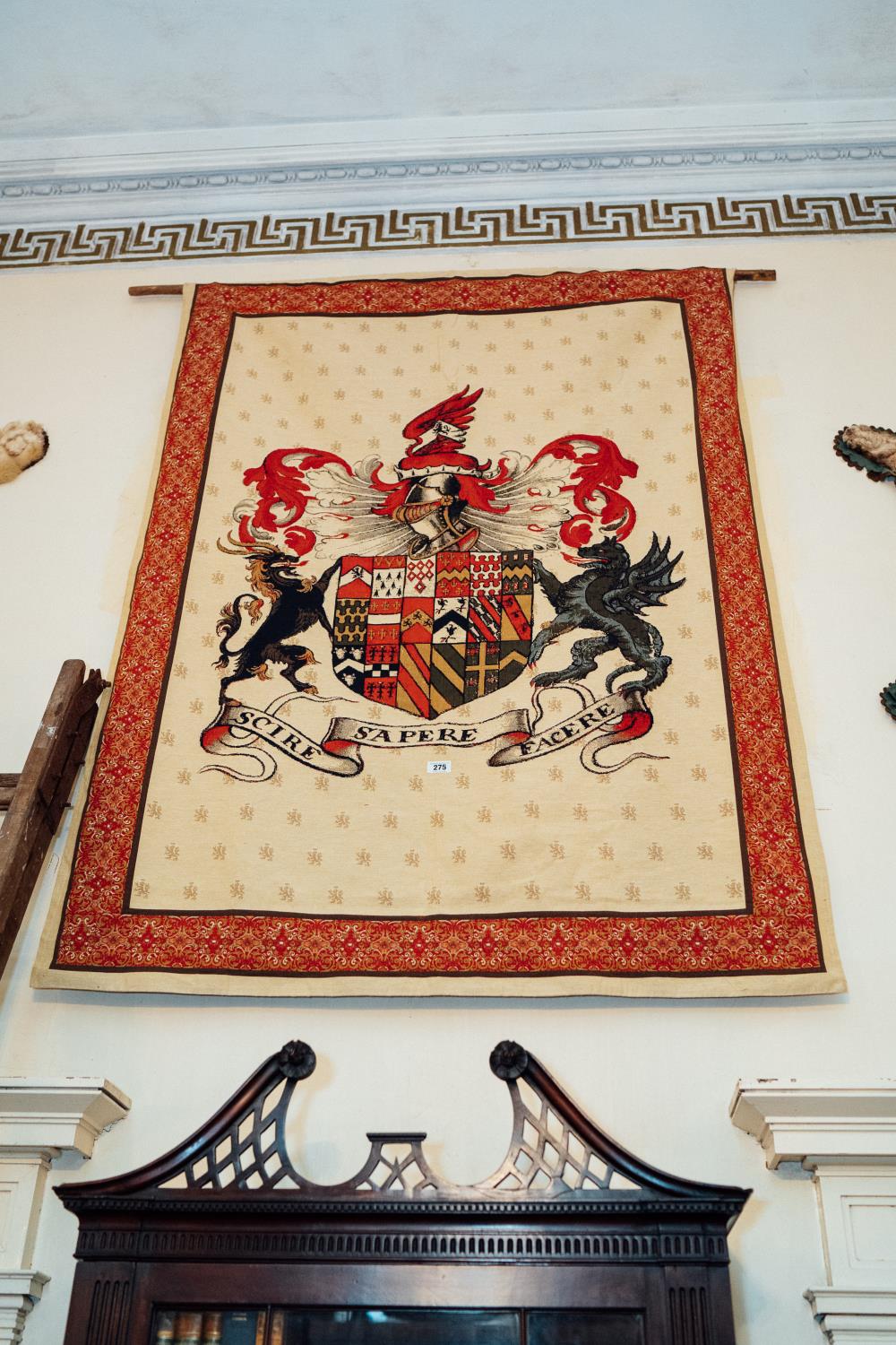 Early 20th. C. tapestry amorial crest wall hanging. { 190 cm H X 134cm W }.