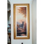 Pair of 19th. C. oil on canvas Stags in Woodland mounted in gilt frames. { 110 cm H X 50cm W }.