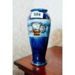 Royal Doulton Bristol blue vase decorated with lotus flowers. { 22cm H }.