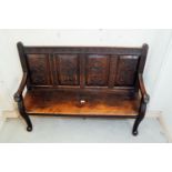 Early 19th. C. carved oak hall bench with four carved anels and lion's masks. { 106cm H X 146cm W