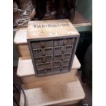 Vintage wooden bank of ten draws {42 cm H x 34 cm W x 26 cm D}.