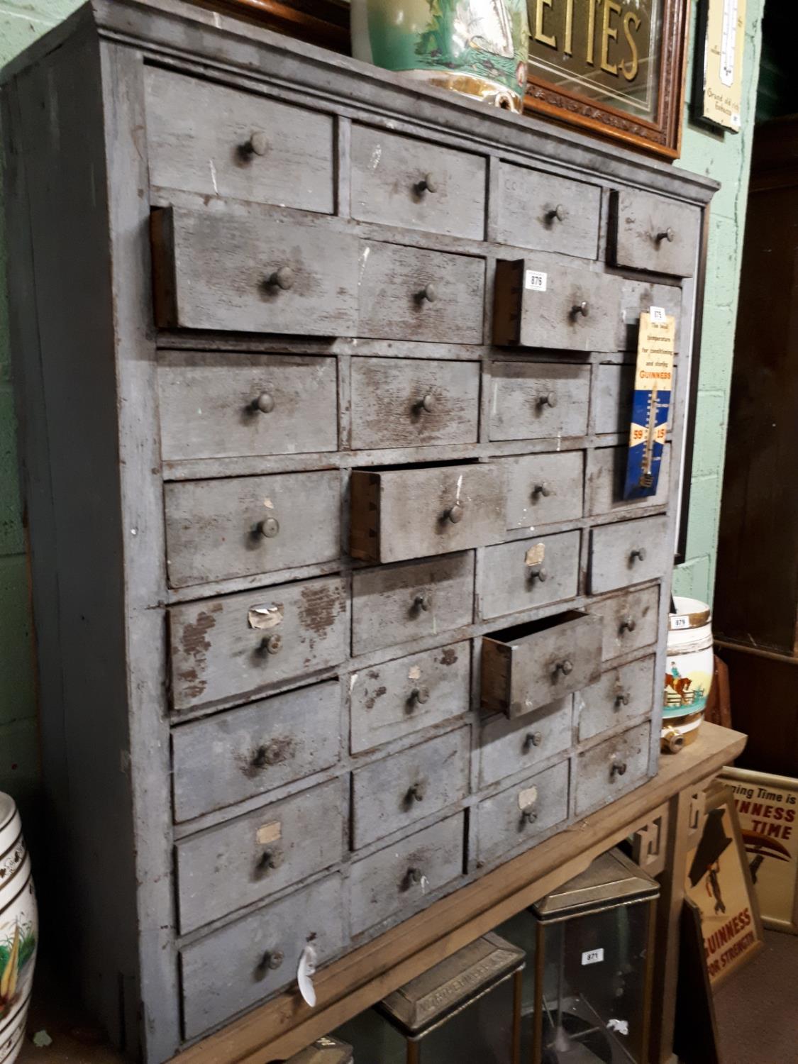 19th C. painted pine bank of thirty two draws {120 cm H x 121 cm W x 32 cm D}.