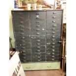 Early 20th C. painted pine bank of forty two draws {192 cm H x 140 cm W x 45 cm D}.